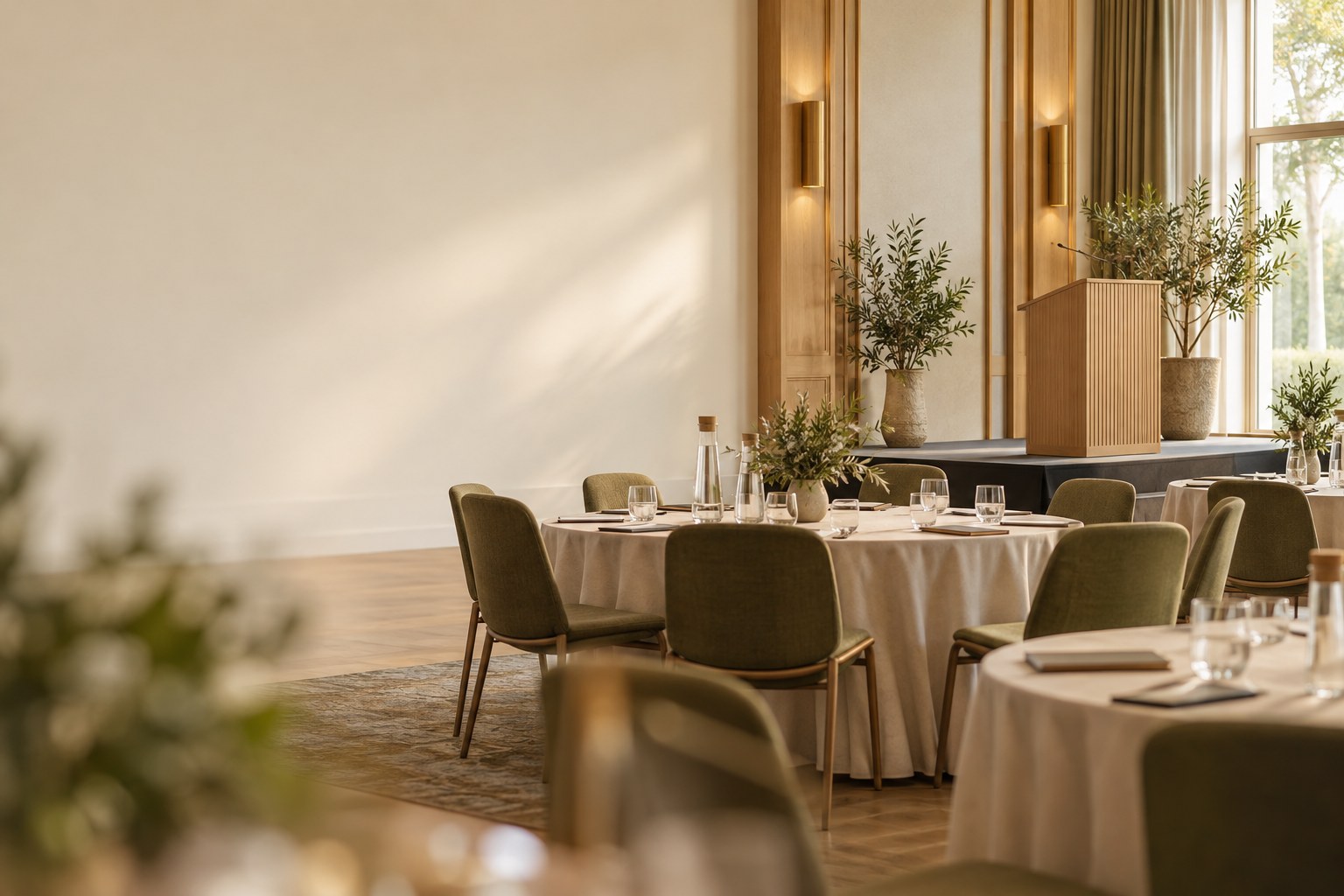 An inviting conference room with round tables, olive chairs, and a small stage